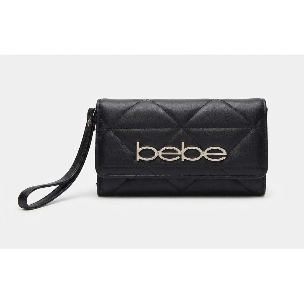 Bebe Black Quilted Faux Leather Wristlet Wallet Gold Logo Snap Closure Organizer